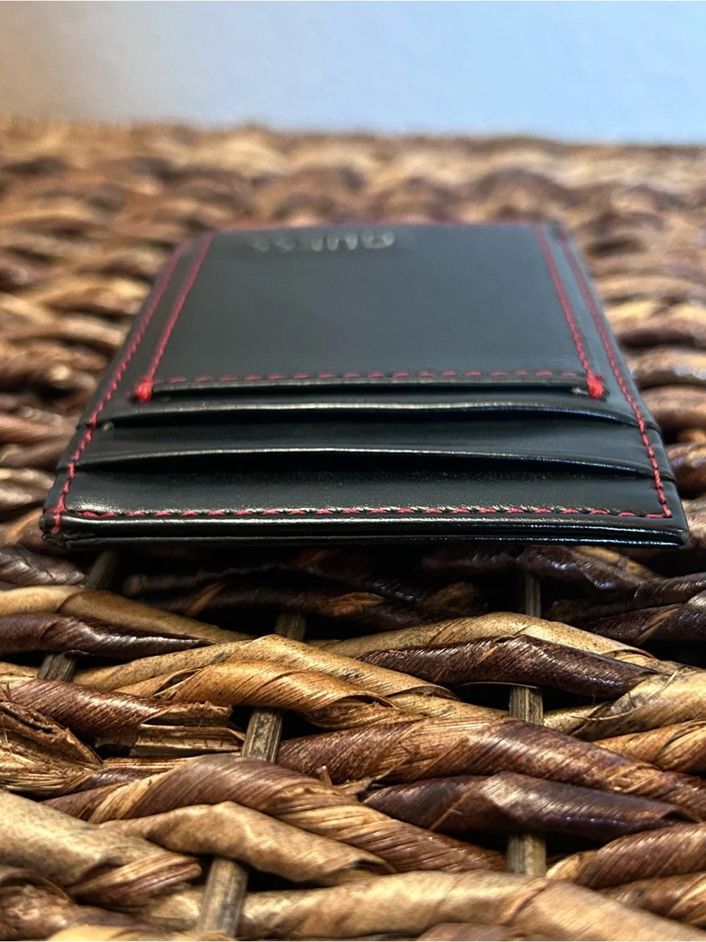 GUESS Black Money Clip Card Holder with Red Stitching